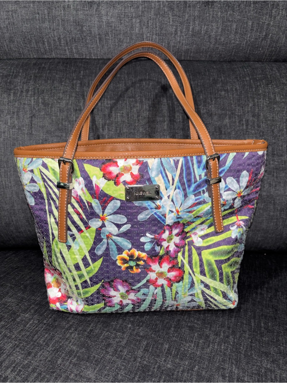 Nine West Sequin Floral Tropical  Bag with Brown Handles